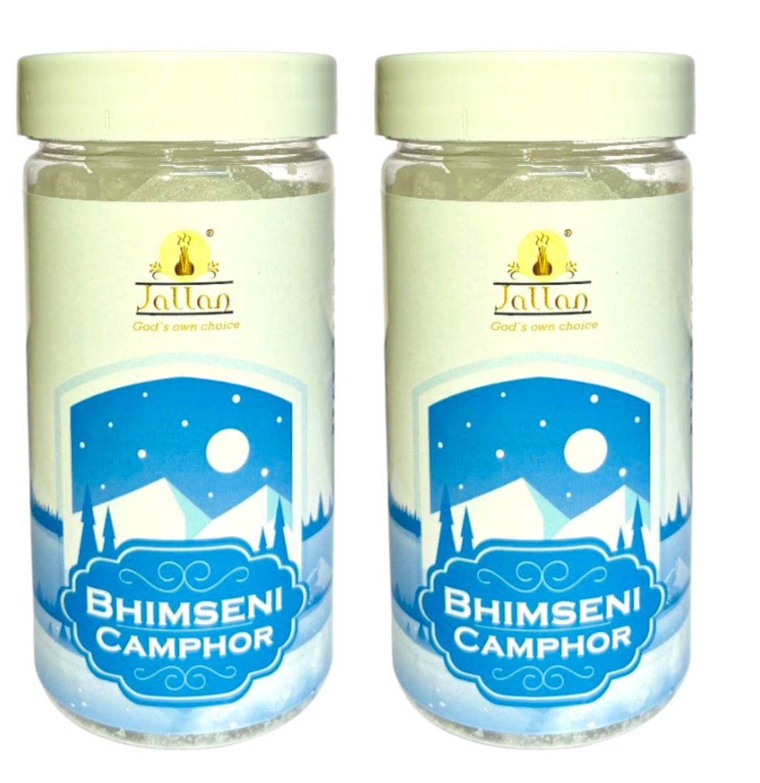 Jallan Pure Bhimseni Camphor (Original)| 200g Jar (100X2)| 100% Natural Organic and Original Kapoor| Purifying & Pleasant Fragrance for Pooja, Hawan, Air Freshener| Use for Camphor Diffuser Electric