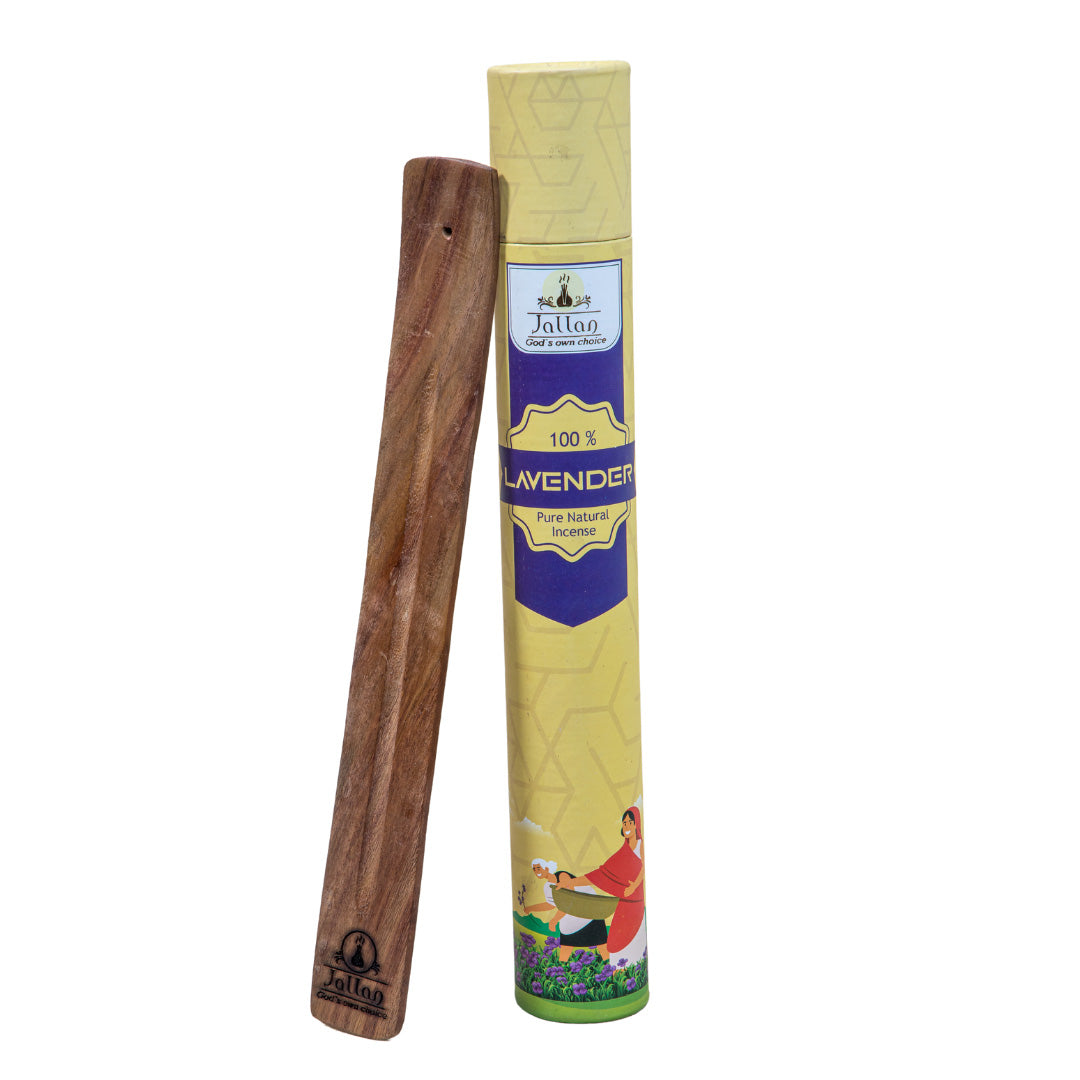 Jallan Handrolled Lavender Incense Sticks - Pack of 60 - Natural Aromatherapy for Relaxation and Meditation| Organic Agarbatti| Handrolled| Free Wooden Incense Holder.